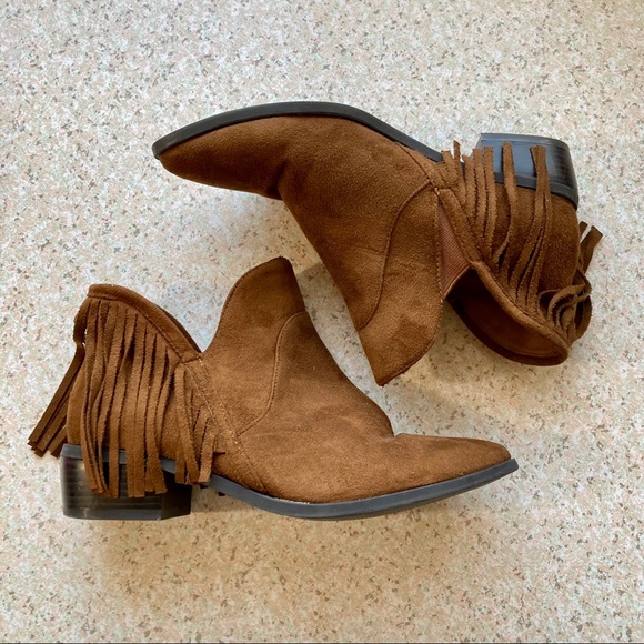 JustFab Brown Suede Fringe Trim Boho Ankle Booties - Picture 4 of 7